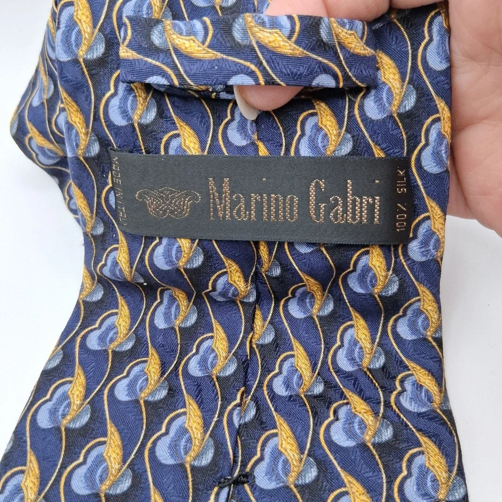 Marino Gabri 100% Silk Necktie Blue Gold Floral Made‎ in Italy
